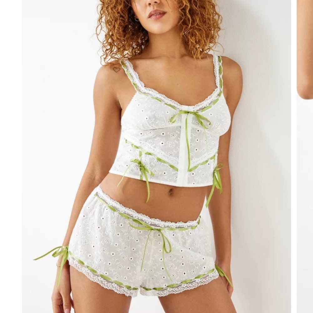 Out From Under Ribbon Tie Broderie Cami & Shorts